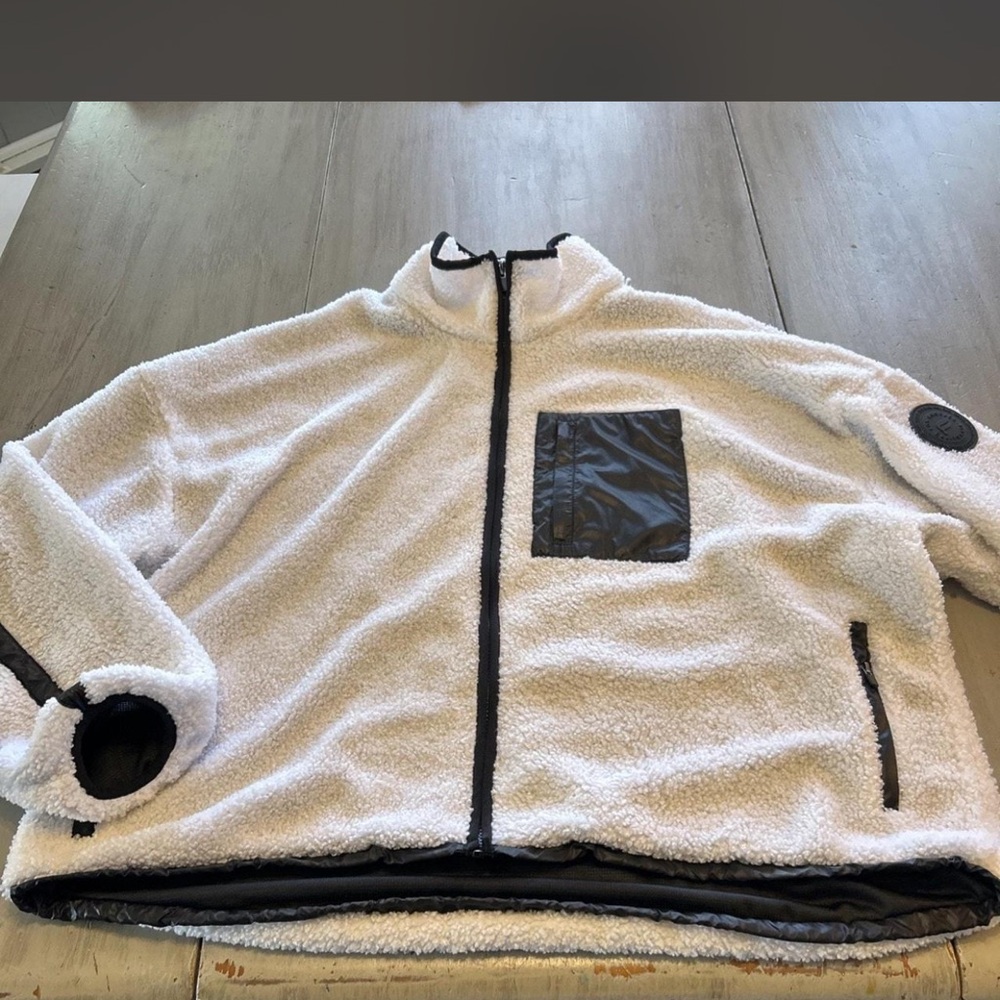 Fabletics White Sherpa Zip-Up Jacket with Black Trim